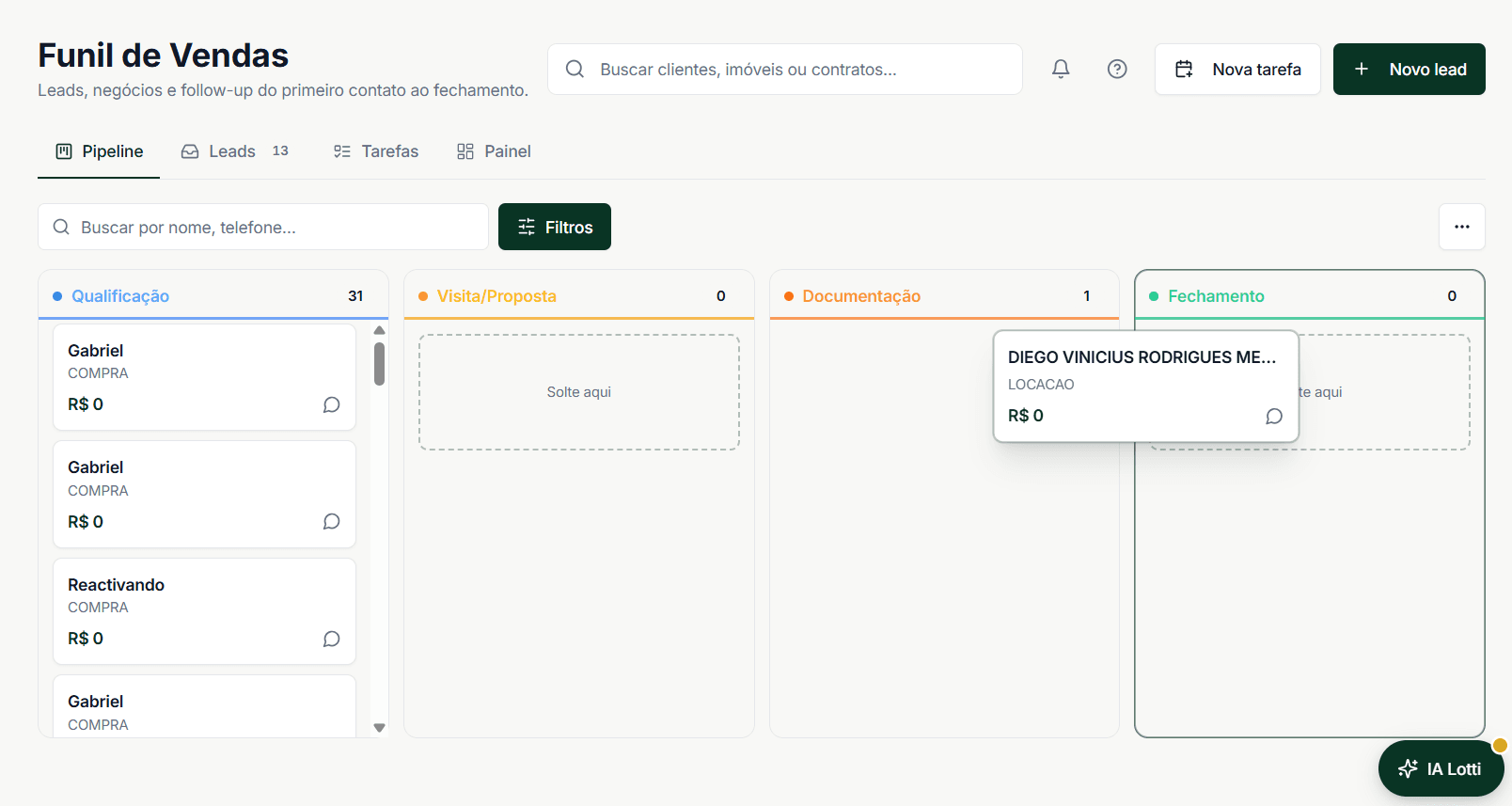 Funil de vendas em Kanban, com negócios distribuídos por etapa